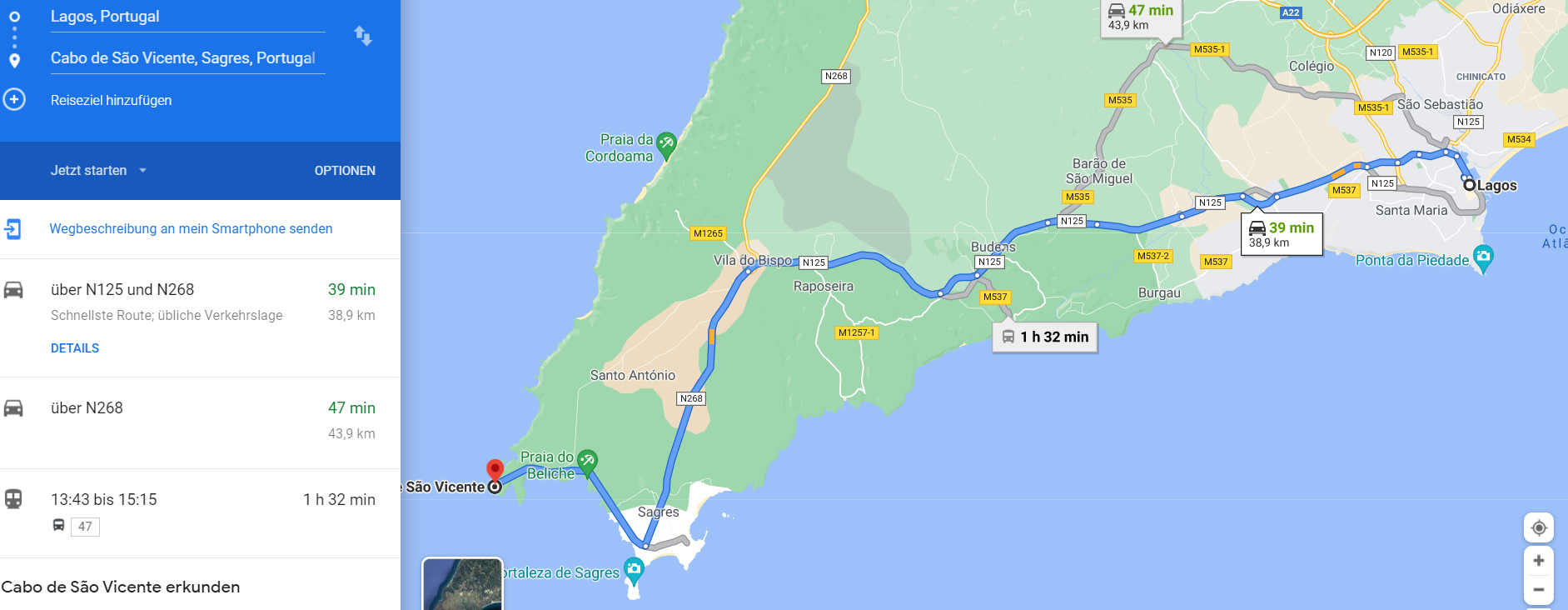 Route nach Sagres